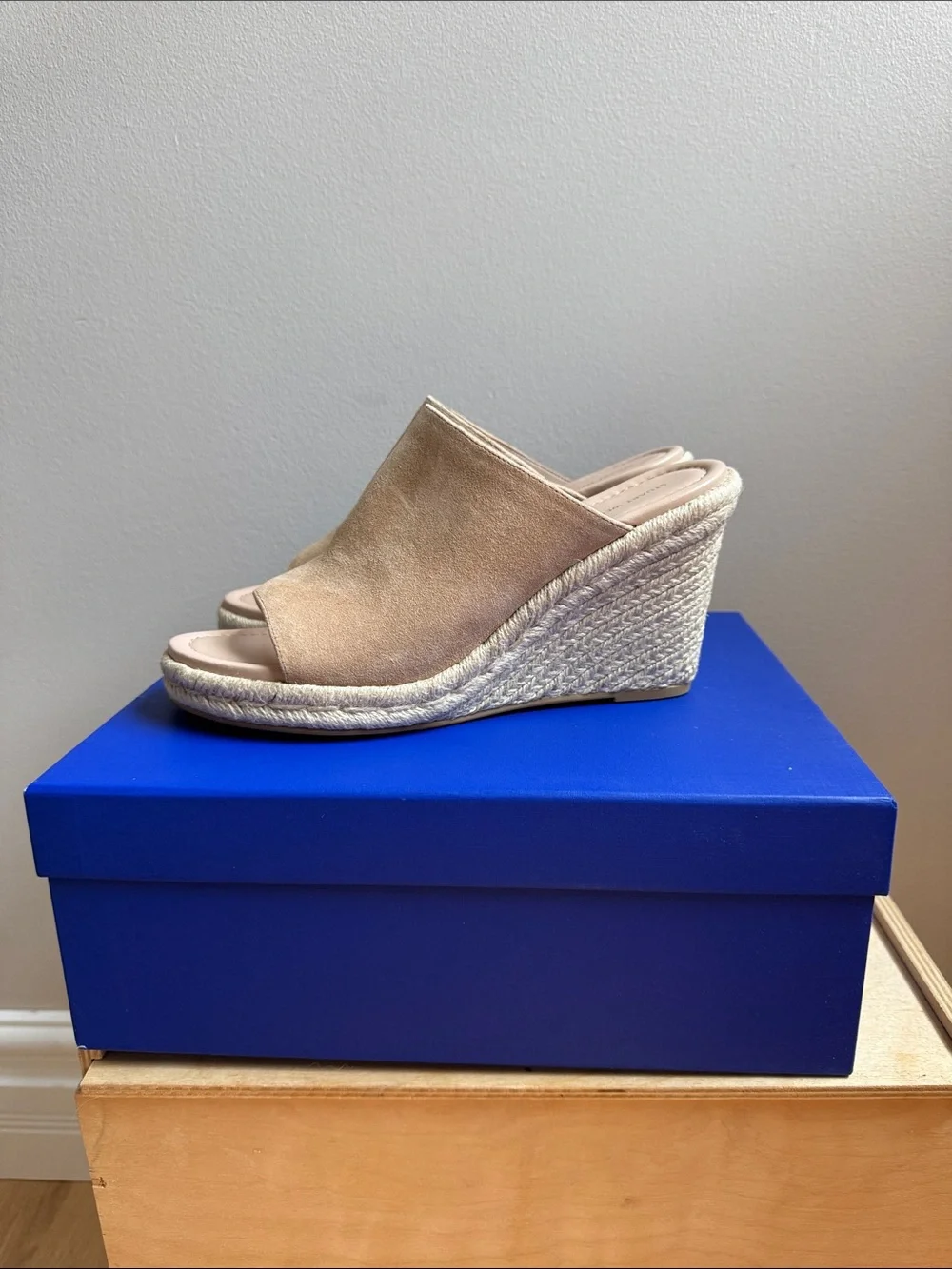 Stuart Weitzman Beige Suede Espadrille Wedge Slides